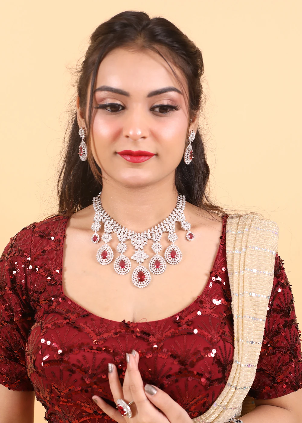 Glamaa Pink Stones & Dazzling Austrian Diamonds Embellished Necklace & Earring Set For Women
