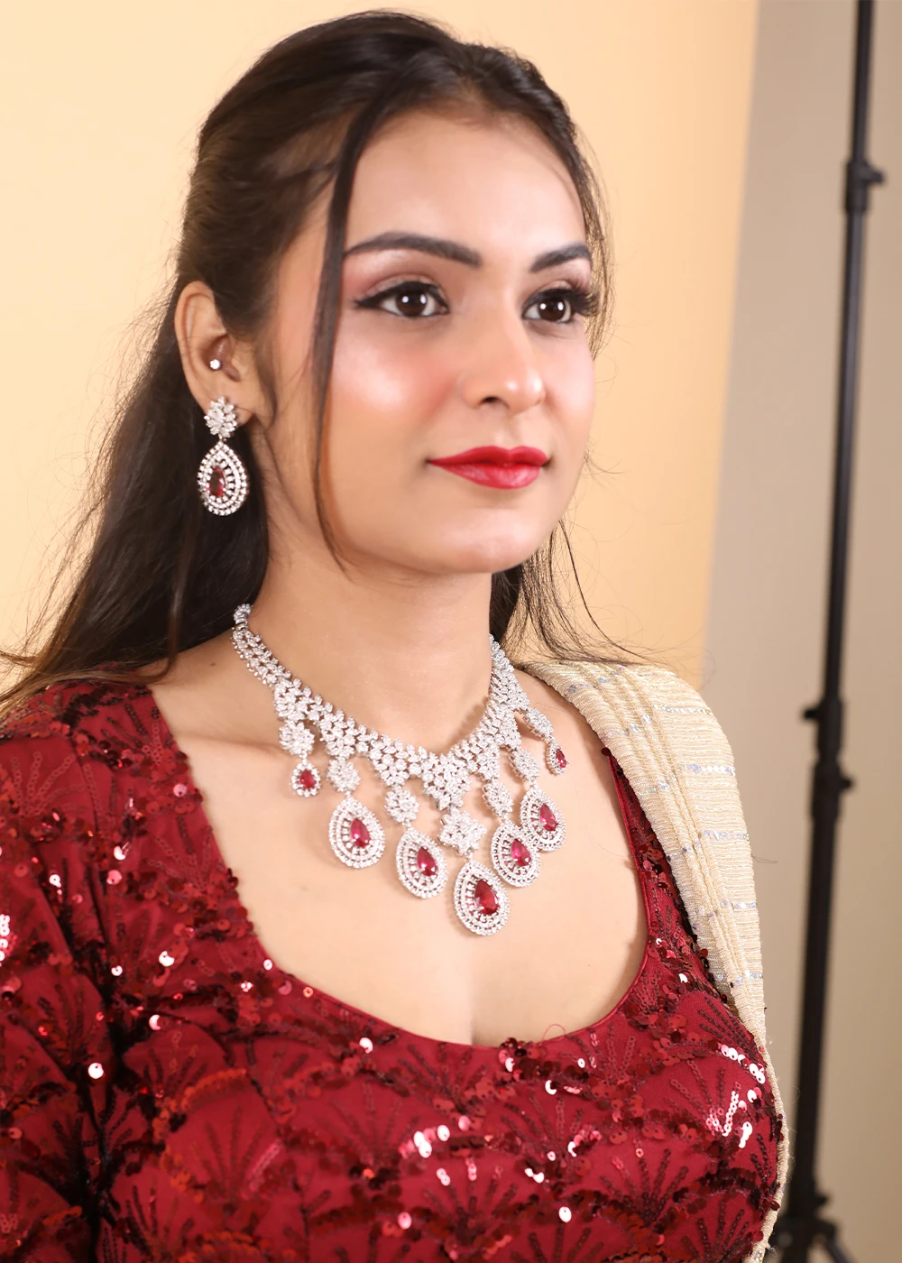 Glamaa Pink Stones & Dazzling Austrian Diamonds Embellished Necklace & Earring Set For Women