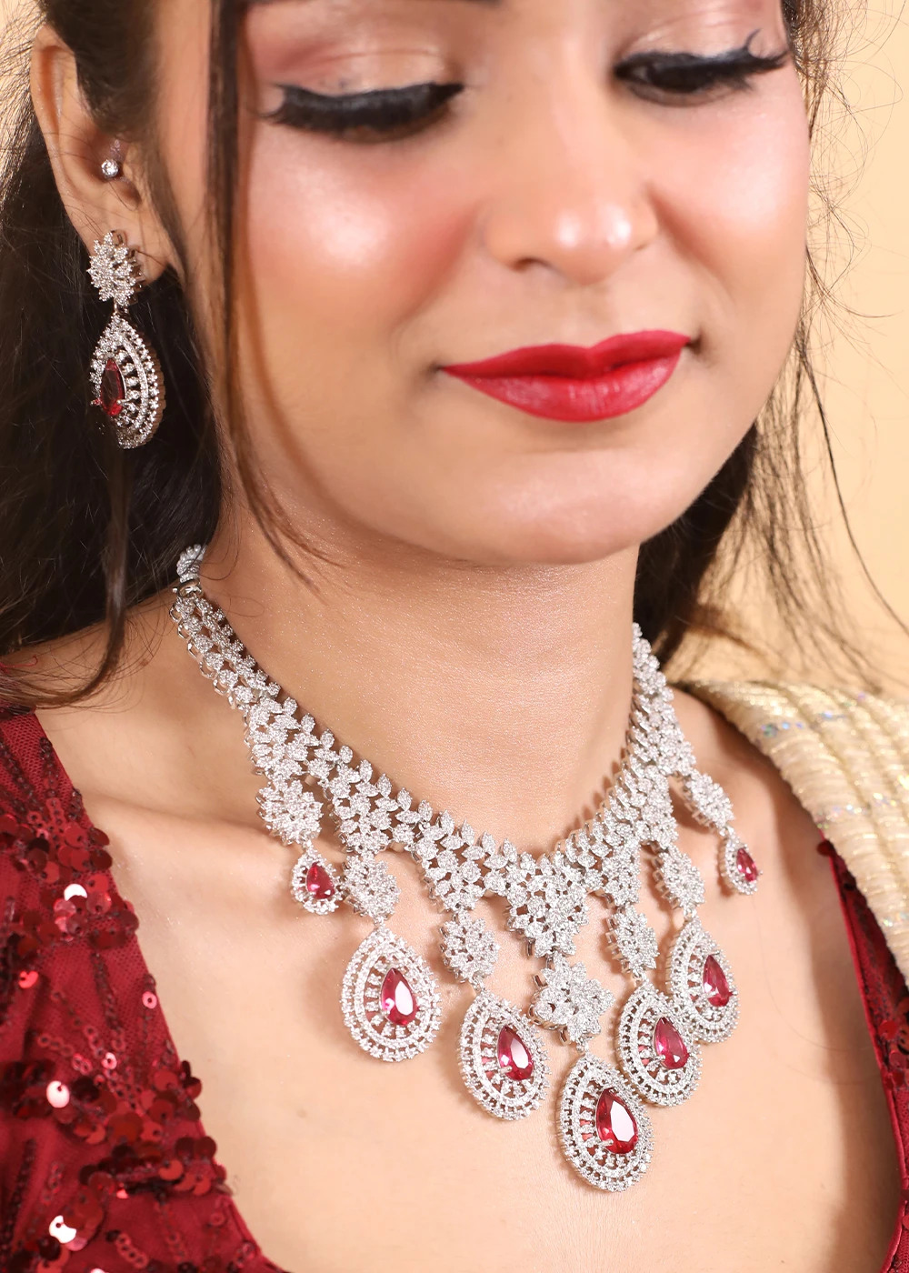 Glamaa Pink Stones & Dazzling Austrian Diamonds Embellished Necklace & Earring Set For Women