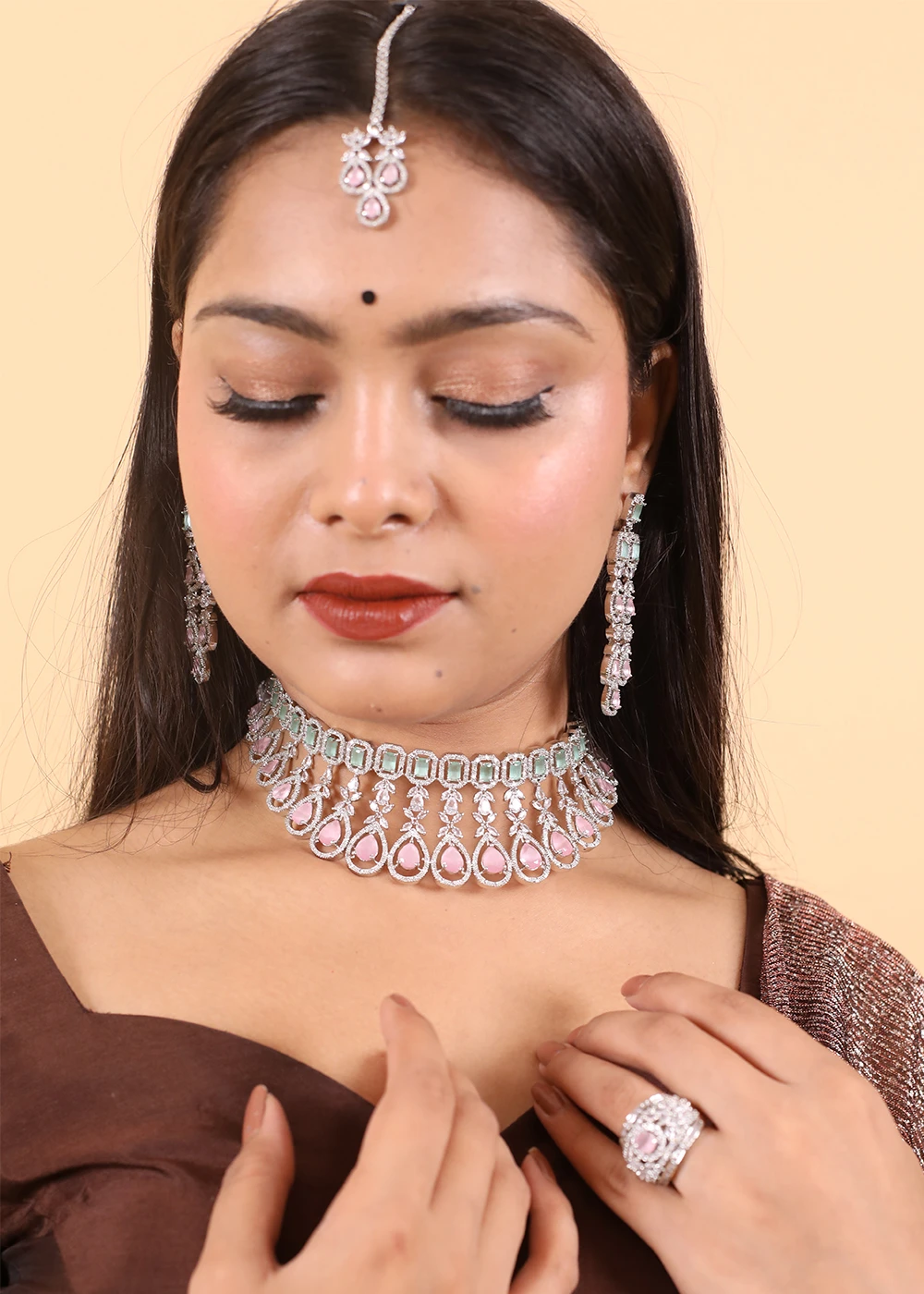 Glamaa Pink Stones & Dazzling Austrian Diamonds Embellished Choker Necklace & Earring Set For Women