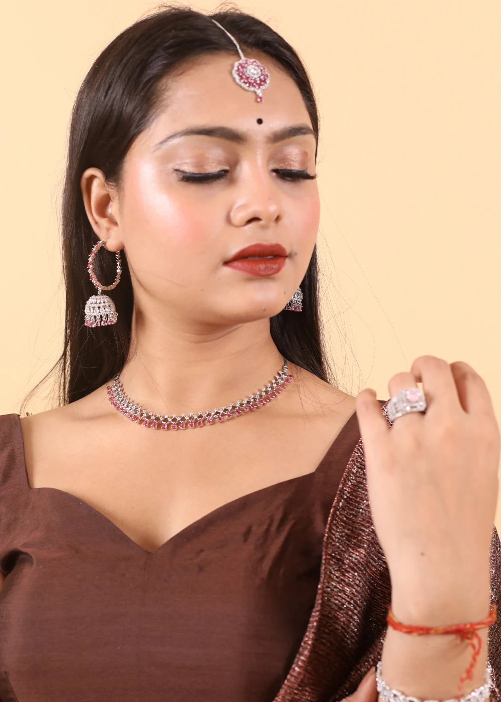 Glamaa beautiful Copper Silver Plated AD Necklace with Bali Jhumka & Mangtika