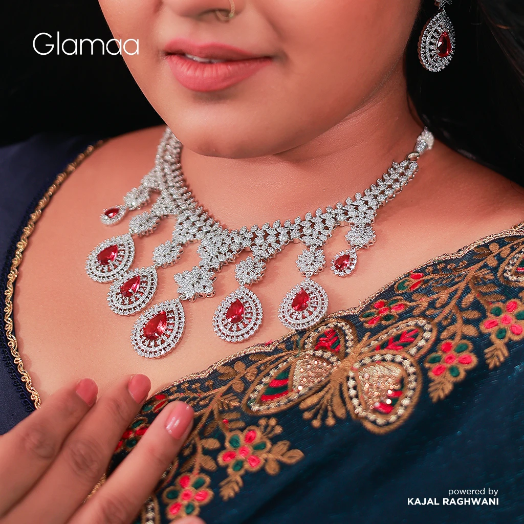 Glamaa Rhodium-Plated American Diamond Studded Trendy Design Necklace With Earrings Jewellery Set For Girls and Women