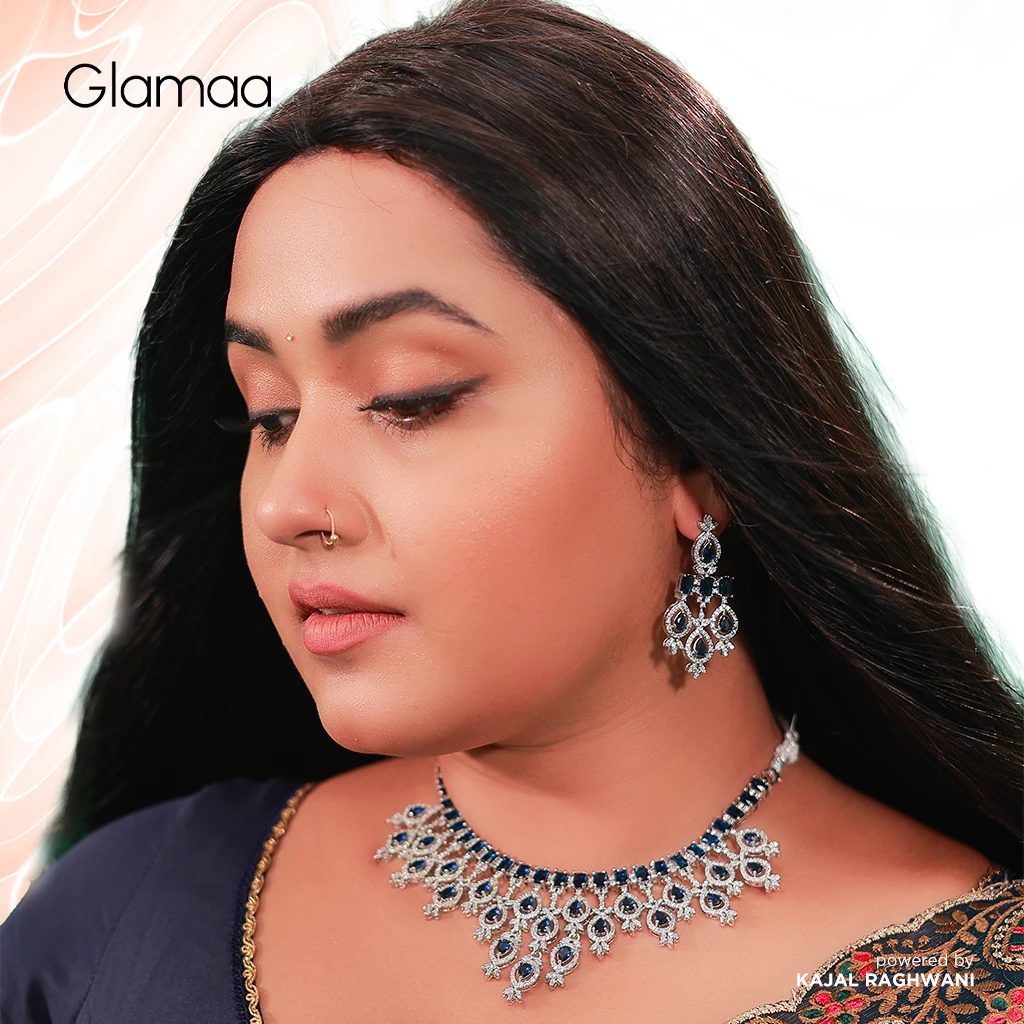 Glamaa Rhodium-Plated American Diamond Studded Tasselled Necklace With Earrings Ring & MaangTikka Jewellery Set For Girls and Women