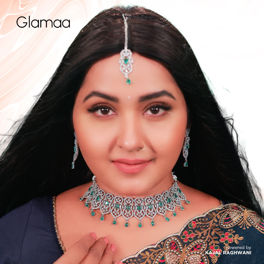 Glamaa Rhodium-Plated American Diamond Studded Tasselled Necklace With Earrings Ring & MaangTikka Jewellery Set For Girls and Women