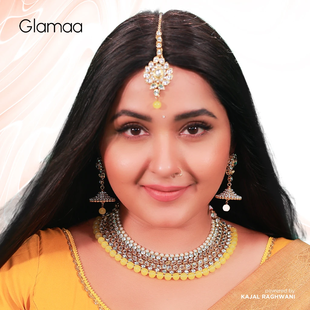 Glamaa Lemon Yellow Color Kundan Necklace Set heavy and beautiful