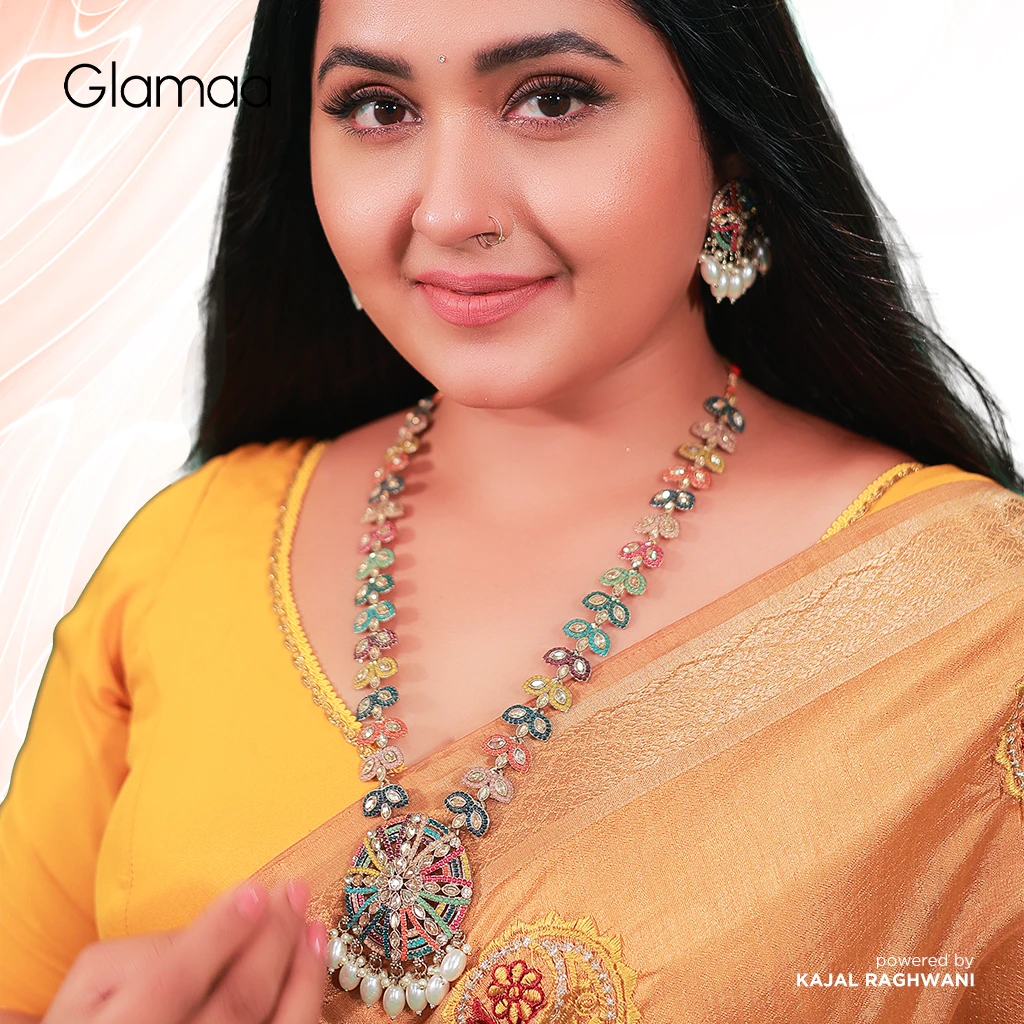 Glamaa Gold Plated Traditional South Indian Stylish Multicolour Stone Work Long Necklace With Earrings For Women & Girls